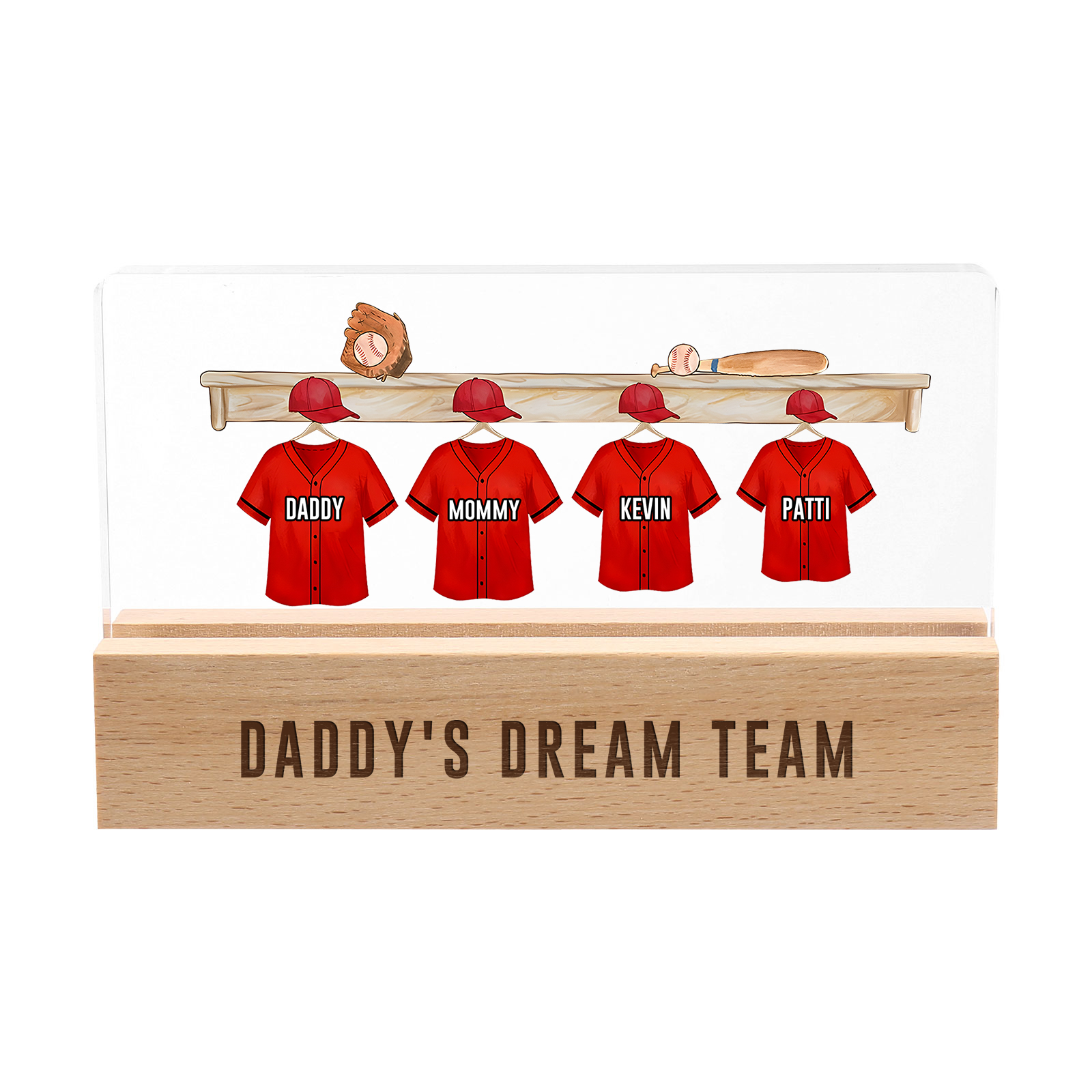 4 Names - Personalised Baseball Jersey Desk Lamp - Dad's Dream Team - Father's Day Gift for Dad