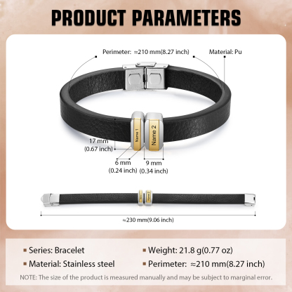 2 Names Personalised Stainless Steel Leather Bracelet Engraved Name Men's Bracelet Gift for Dad
