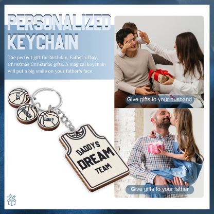 Personalised Text and 3 Names Wooden Basketball Keyring For Dad