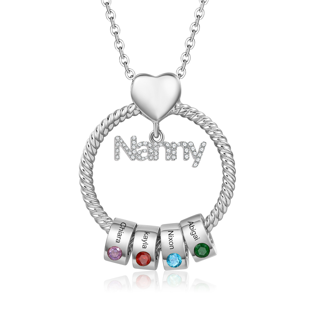 4 Names-Personalised Nanny Circle Necklace With 4 Birthstones Pendant Engraved Names Gift For Nanny