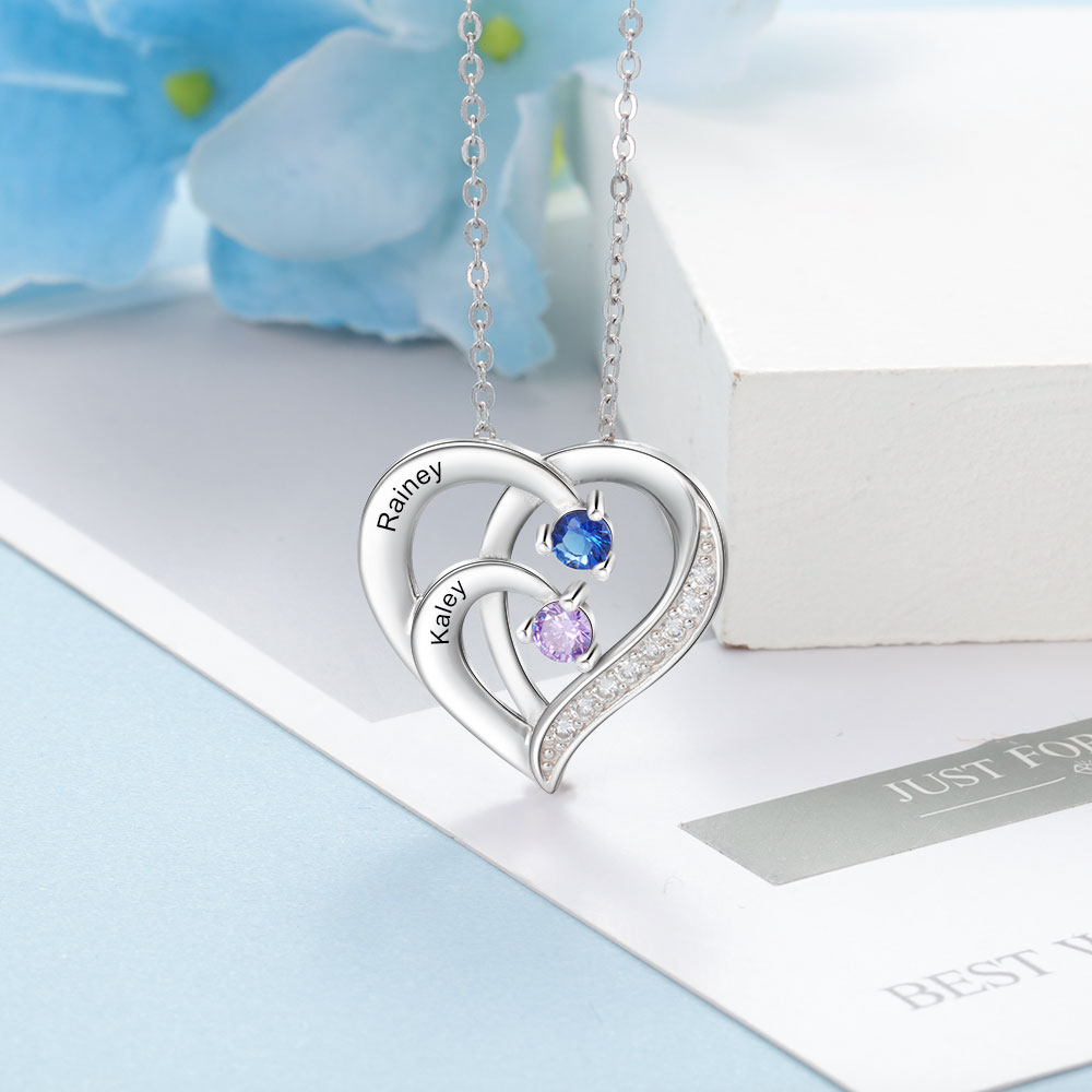Personalised Mother Necklace 2 Stones Engraved 2 Names Birthstone Intertwined Heart Pendant Gifts for Her