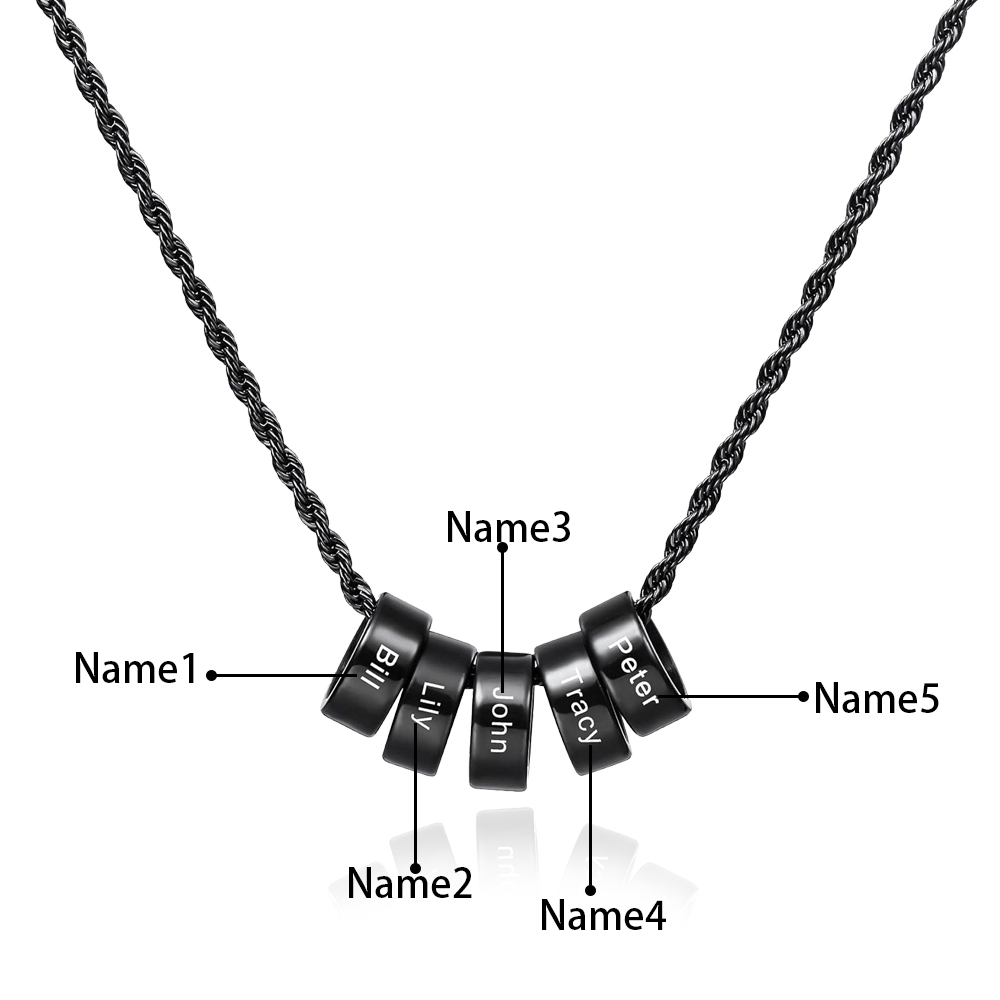 Custom Engraved 5 Names Circle Beads Charm Necklace Stainless Steel Braided Necklace for Men Women - Gifts for Him Her