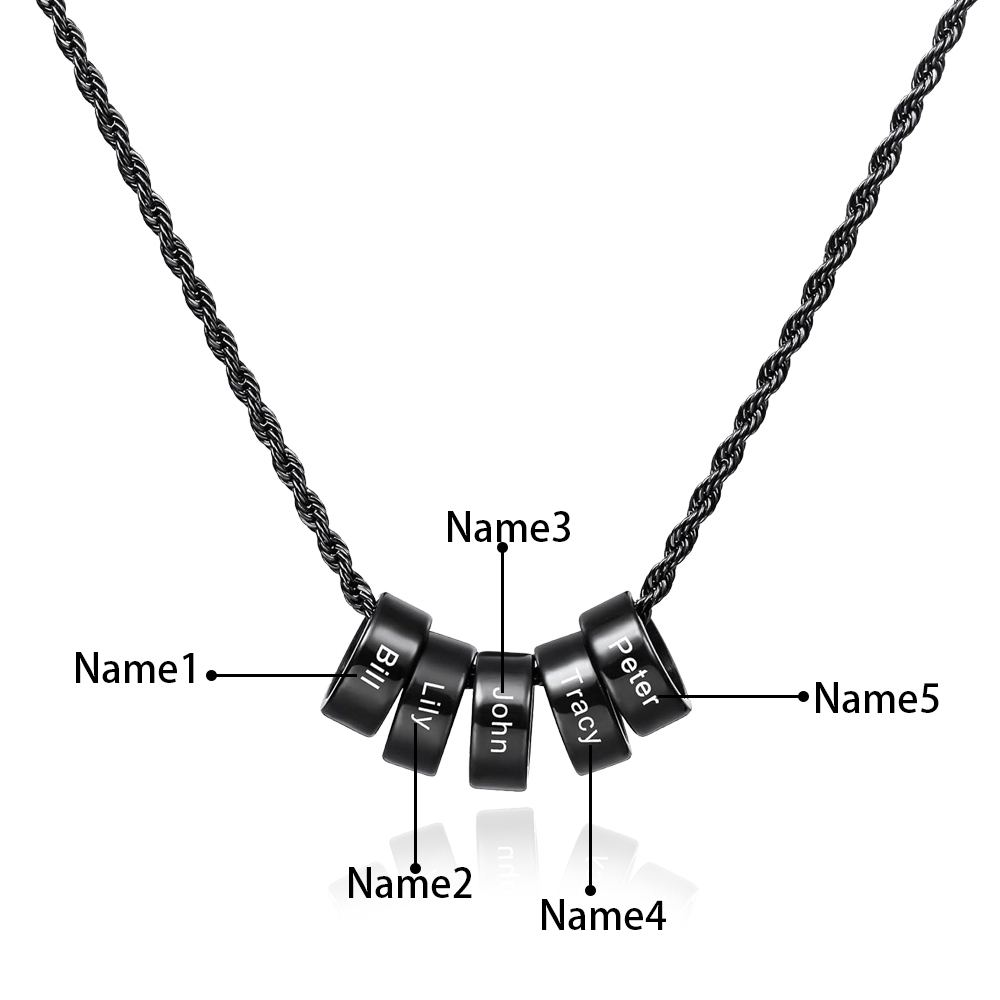 Custom Engraved 5 Names Circle Beads Charm Necklace Stainless Steel Braided Necklace for Men Women - Gifts for Him Her