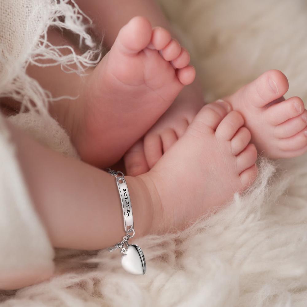 Personalised Picture Baby Bracelets with Engraving Text Heart Photo Locket for Kids - Christening Gifts for Boys Girls