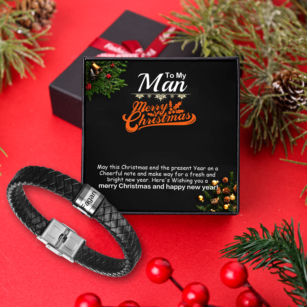 1 Names-Personalised Braided Leather Bracelet Set With Gift Box-Custom Men's Bracelet Engraved 1 Names Gift for Him