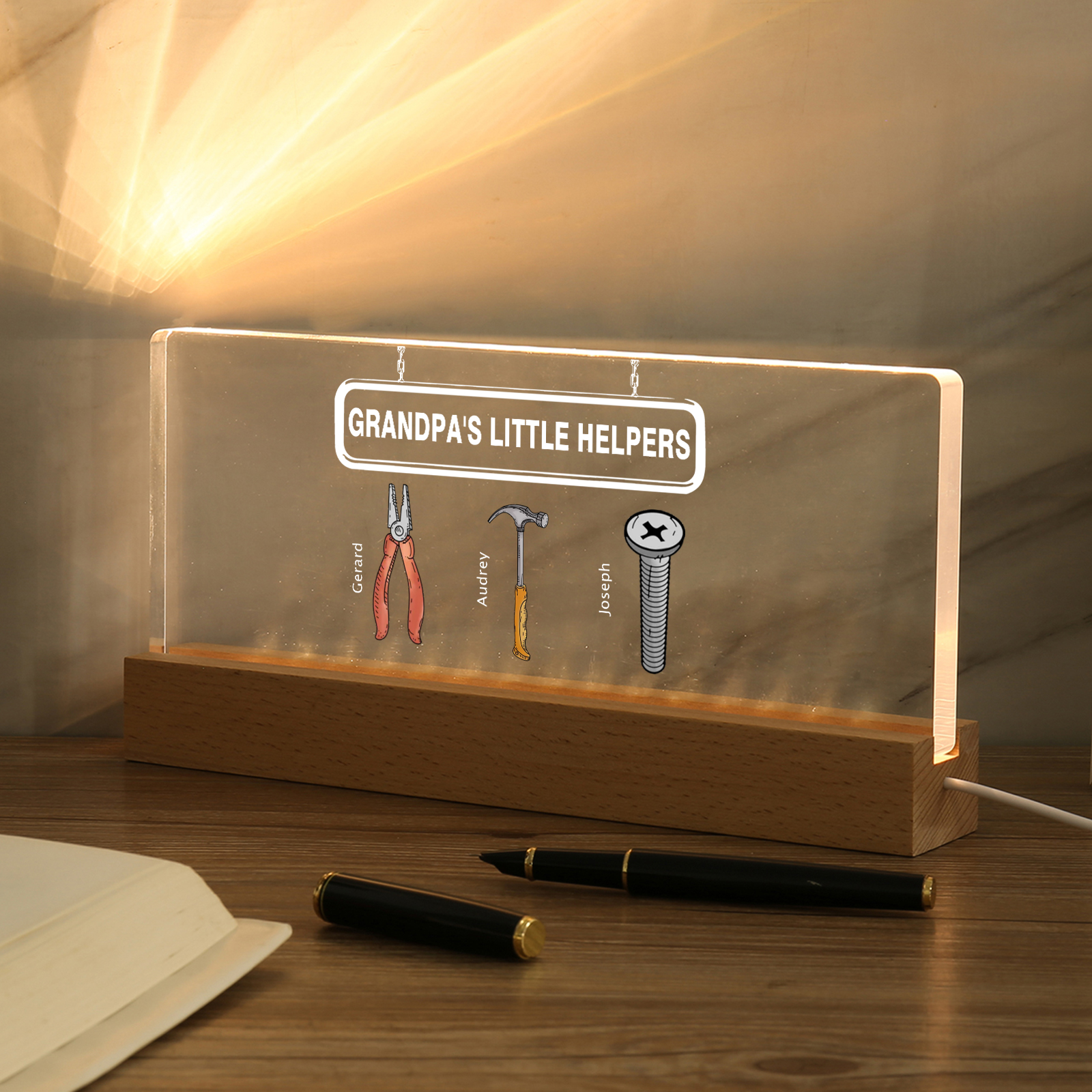 3 Names - Personalised Repair Tool Pattern Table Lamp Customized Text Father's Day Gift for Grandad/Dad
