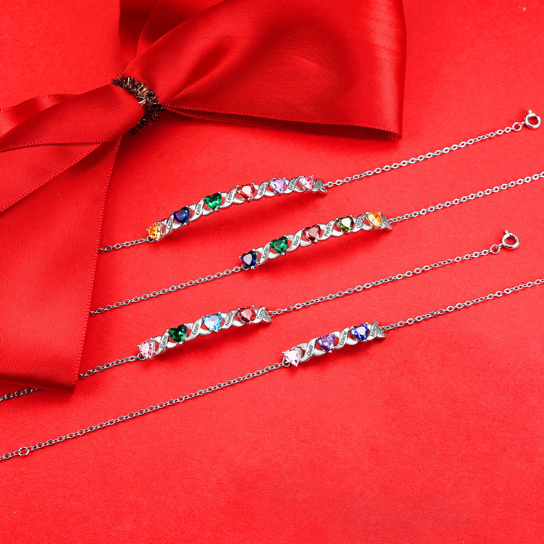 Personalised Bracelet With 4 Heart Birthstones Engraved Names Bracelet Gift For Women