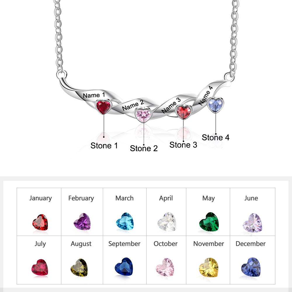 Mother's Day Gifts Customized Spiral Cascading Pendant Necklace with 4 Birthstones Engraving 4 Names