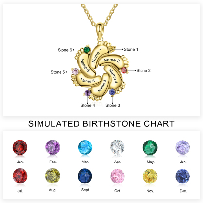 Personalised Baby Feet Necklace With 6 Birthstones Engraved Names Gift For Mother