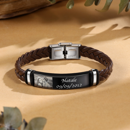 Personalised PU Leather Men's Photo Bracelet, Custom Name Bracelet Vintage Gift for Him