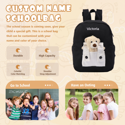 Personalised Bear School Bag Custom Name Canvas Backpack Back To School Gift for Kids