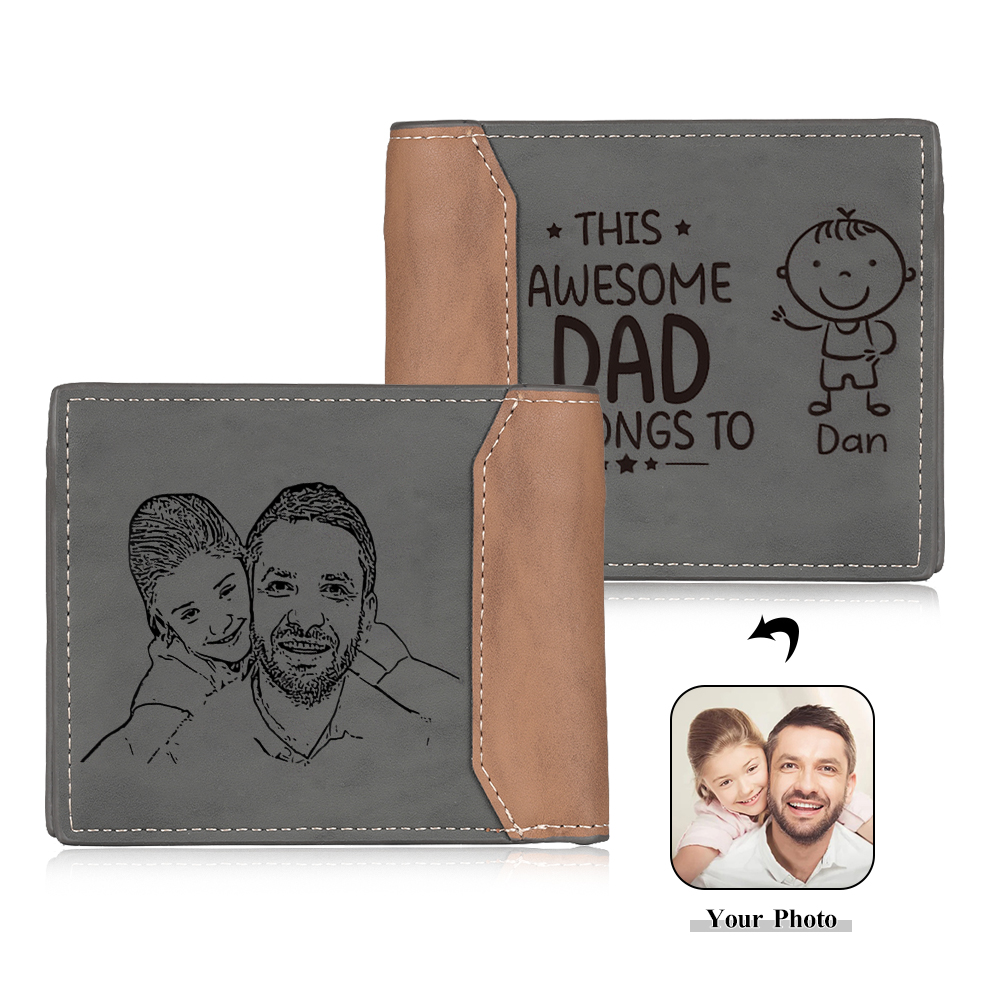 1 Name-Personalised Doll Customized Leather Men's Wallet Customized Name Folding Grey Wallet for Dad
