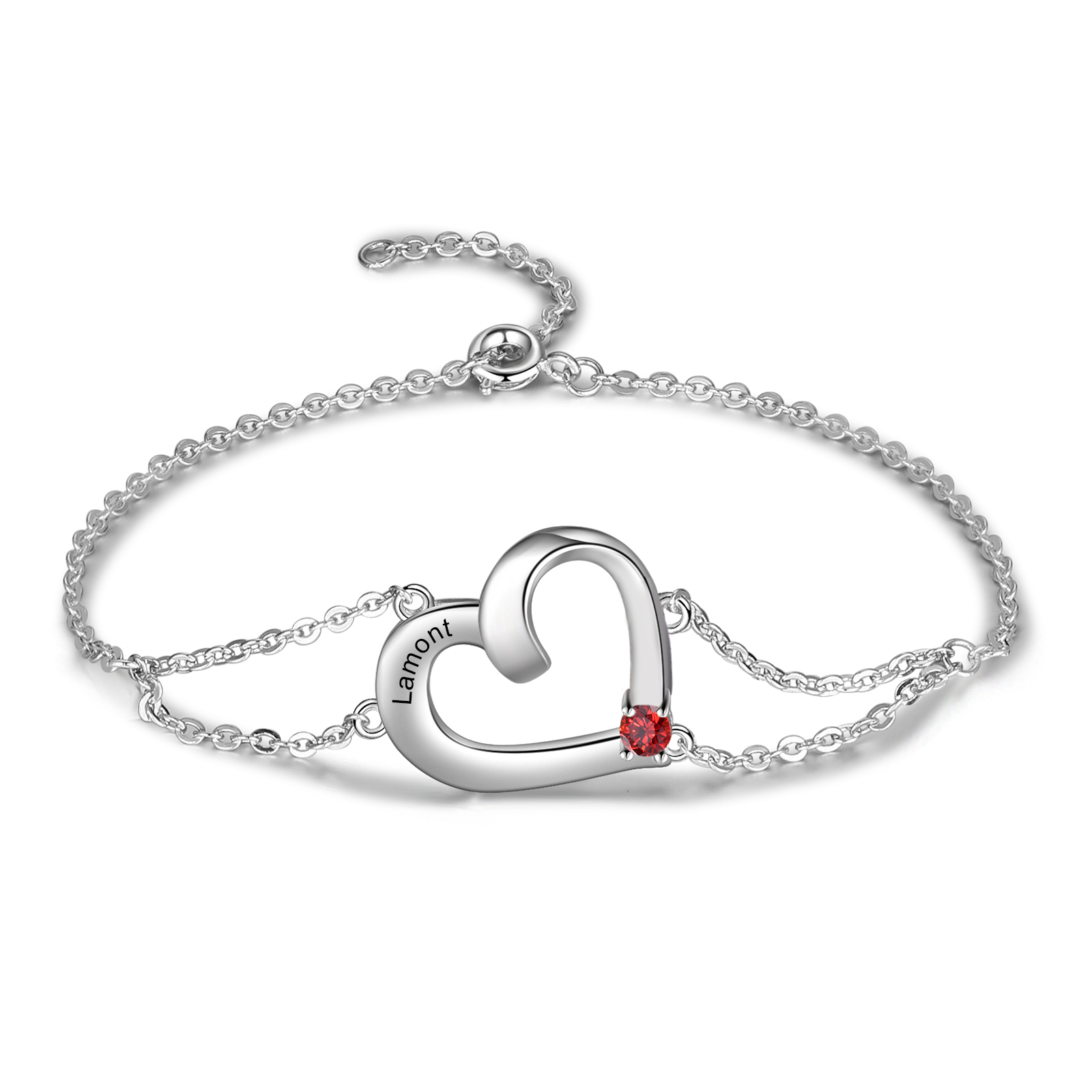 Personalised Heart Bracelet With 1 Birthstone Engraved Names Gift For Women