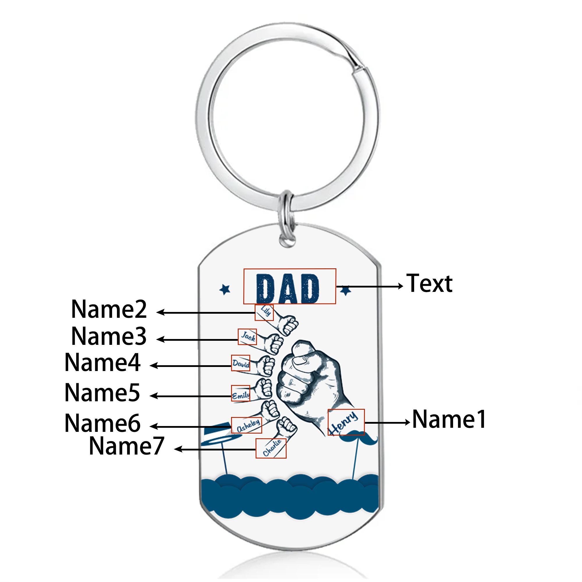 Personalised 2-8 Names Custom Fist Bump Keyring Hat and Beard Style Keyring Gift for Dad