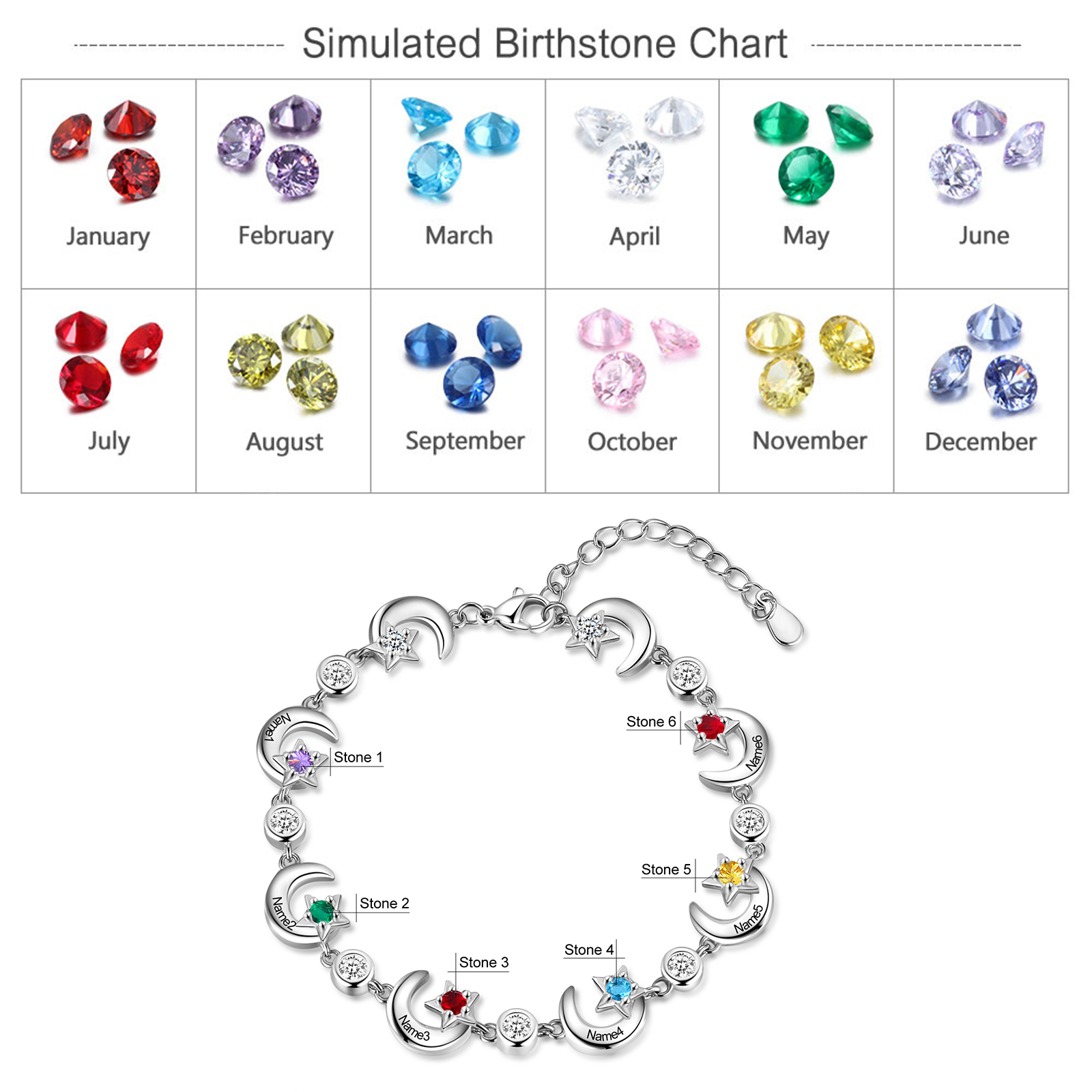 6 Names-Personalised Moons And Stars Bracelet With 6 Birthstones Custom Names Bracelet Gift For Women