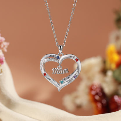 Personalised 2-5 Names Mum Nan Heart Necklace with Birthstones