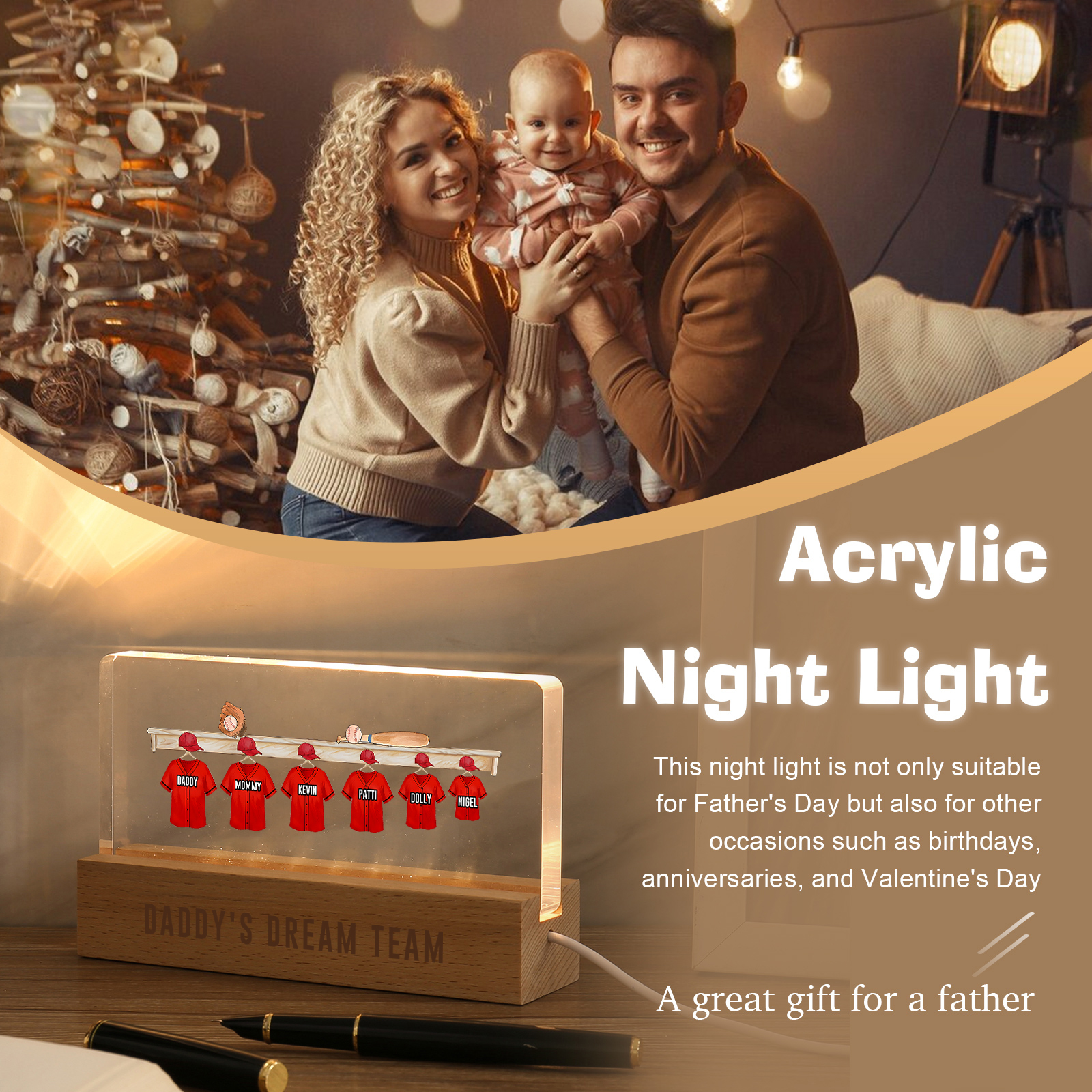 6 Names - Personalised Baseball Jersey Desk Lamp - Dad's Dream Team - Father's Day Gift for Dad