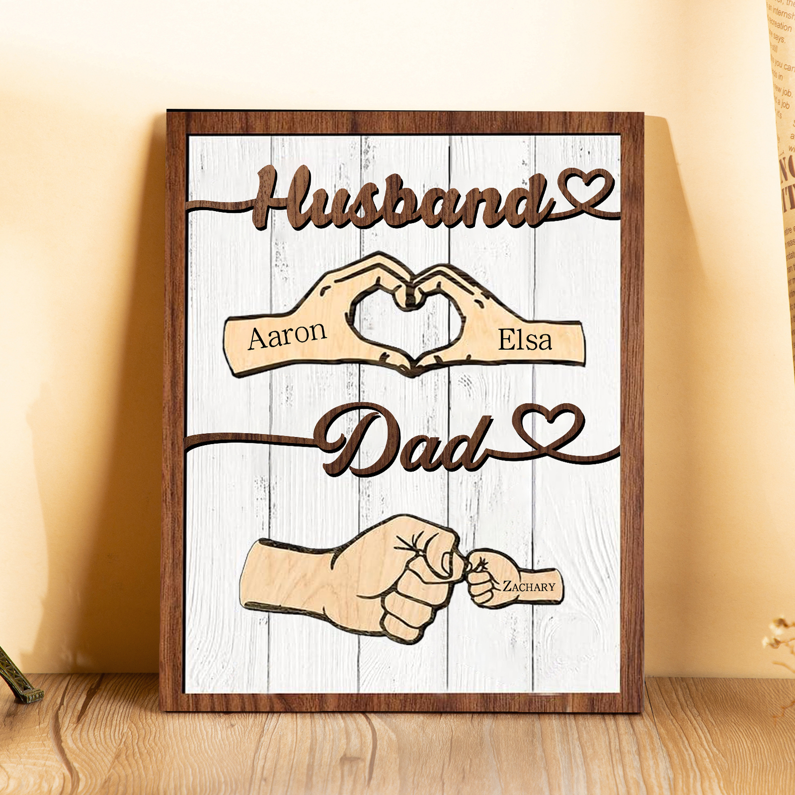 3 Names - Personalised Fist Bump Home Wooden Decor Father's Day Gift for Dad