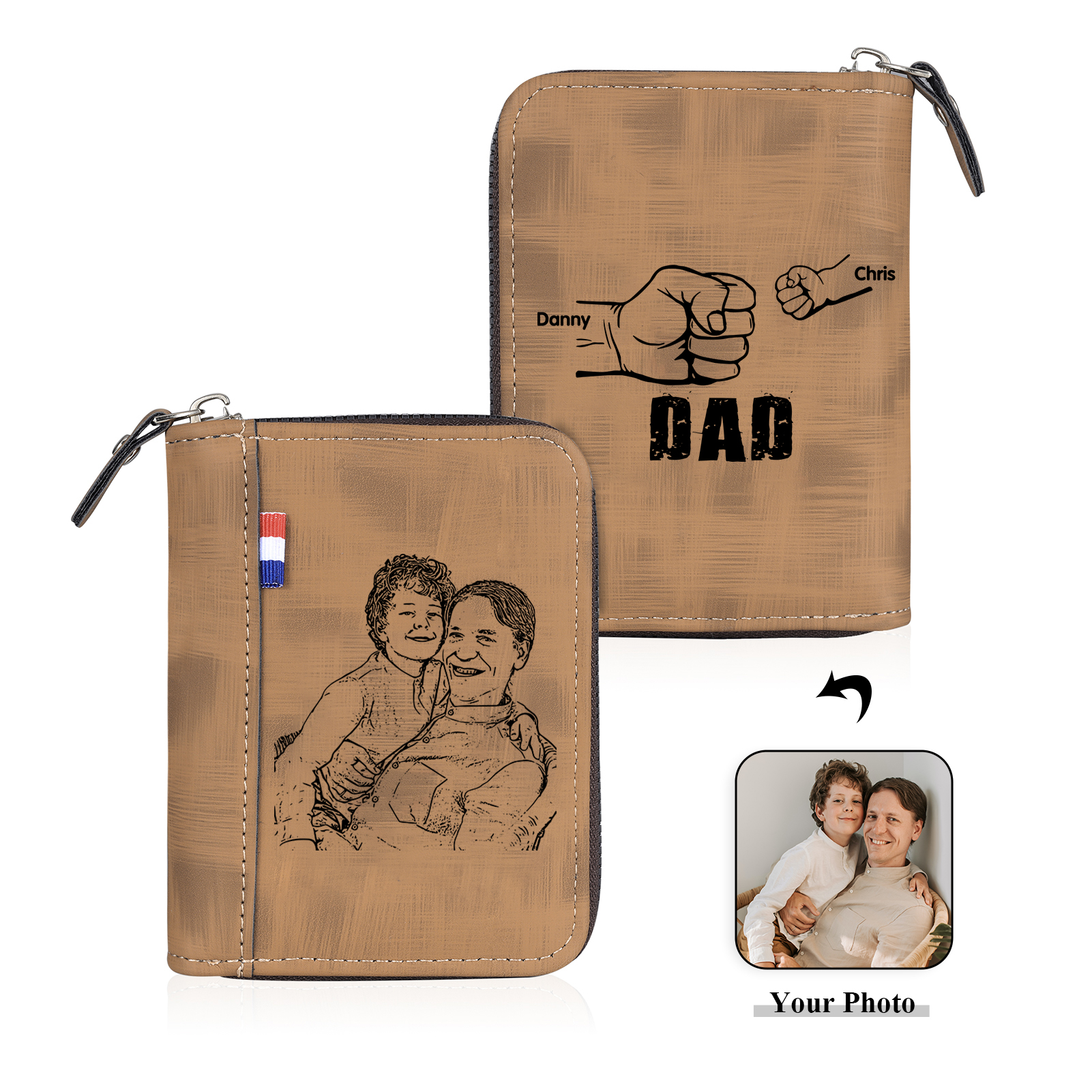 2 Names - Personalised Fist Bump Fist Bump Photo Custom Leather Men's Zipper Wallet as a Father's Day Gift for Dad