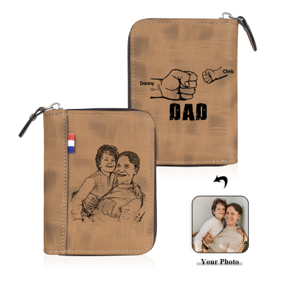 2 Names - Personalised Fist Bump Fist Bump Photo Custom Leather Men's Zipper Wallet as a Father's Day Gift for Dad