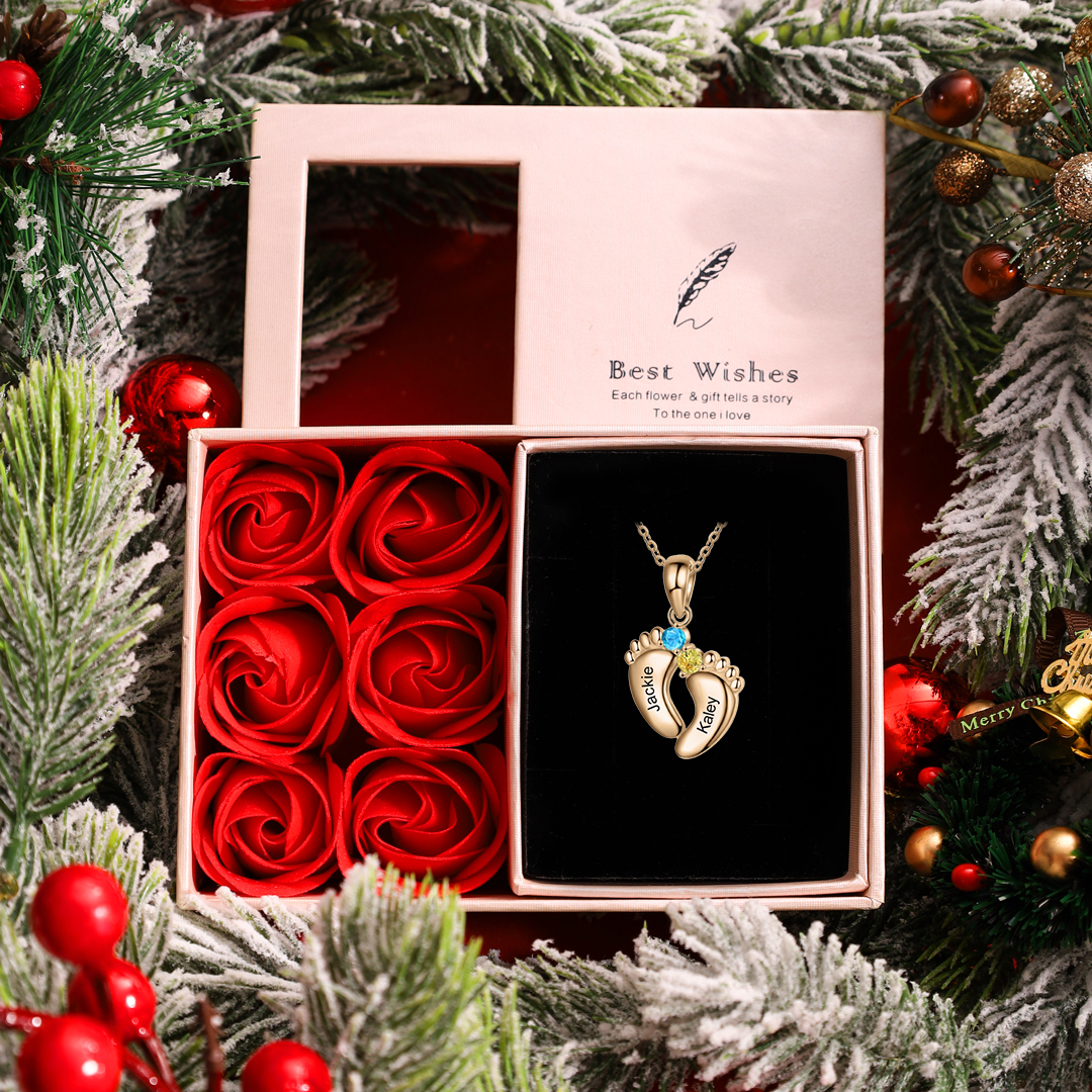 2 Names-Personalised Baby Foot Necklace Gift Set With Rose Box-Custom Women Necklace With 2 Birthstones Engraved Names Gift For Mother/Her