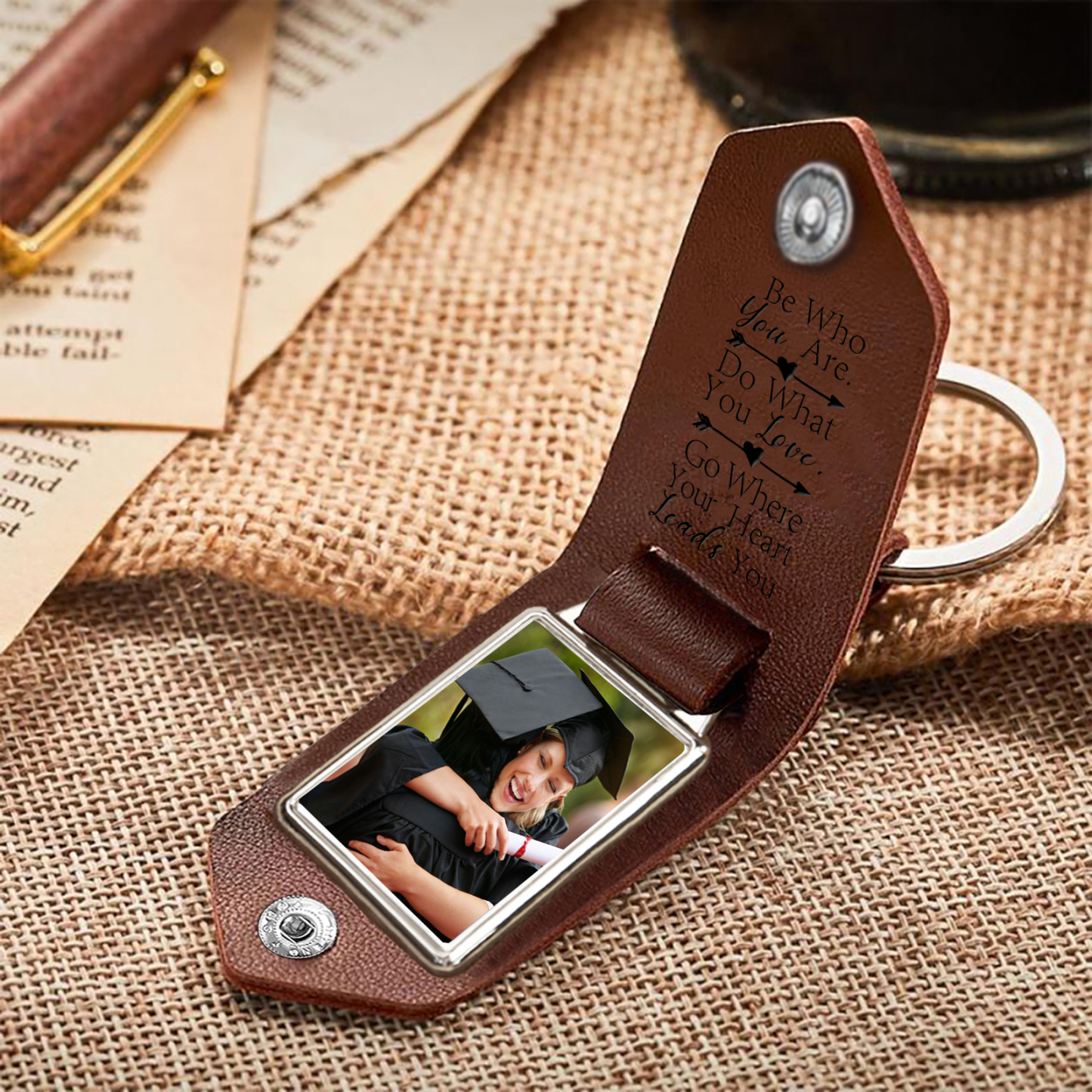 2024 Graduation Gifts - Personalised Name & Year Flip Leather Keyring Customized Photo Keyring Gift for Her/Him