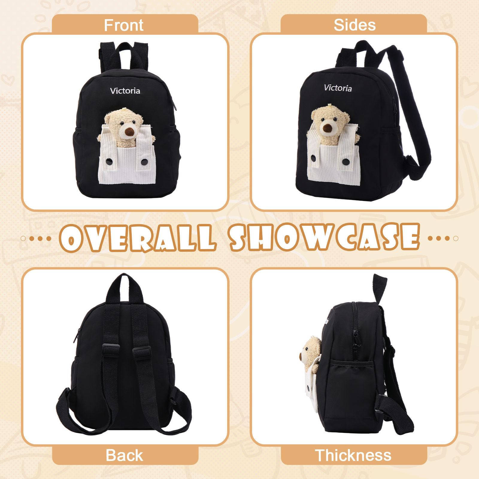 Personalised Bear School Bag Custom Name Canvas Backpack Back To School Gift for Kids