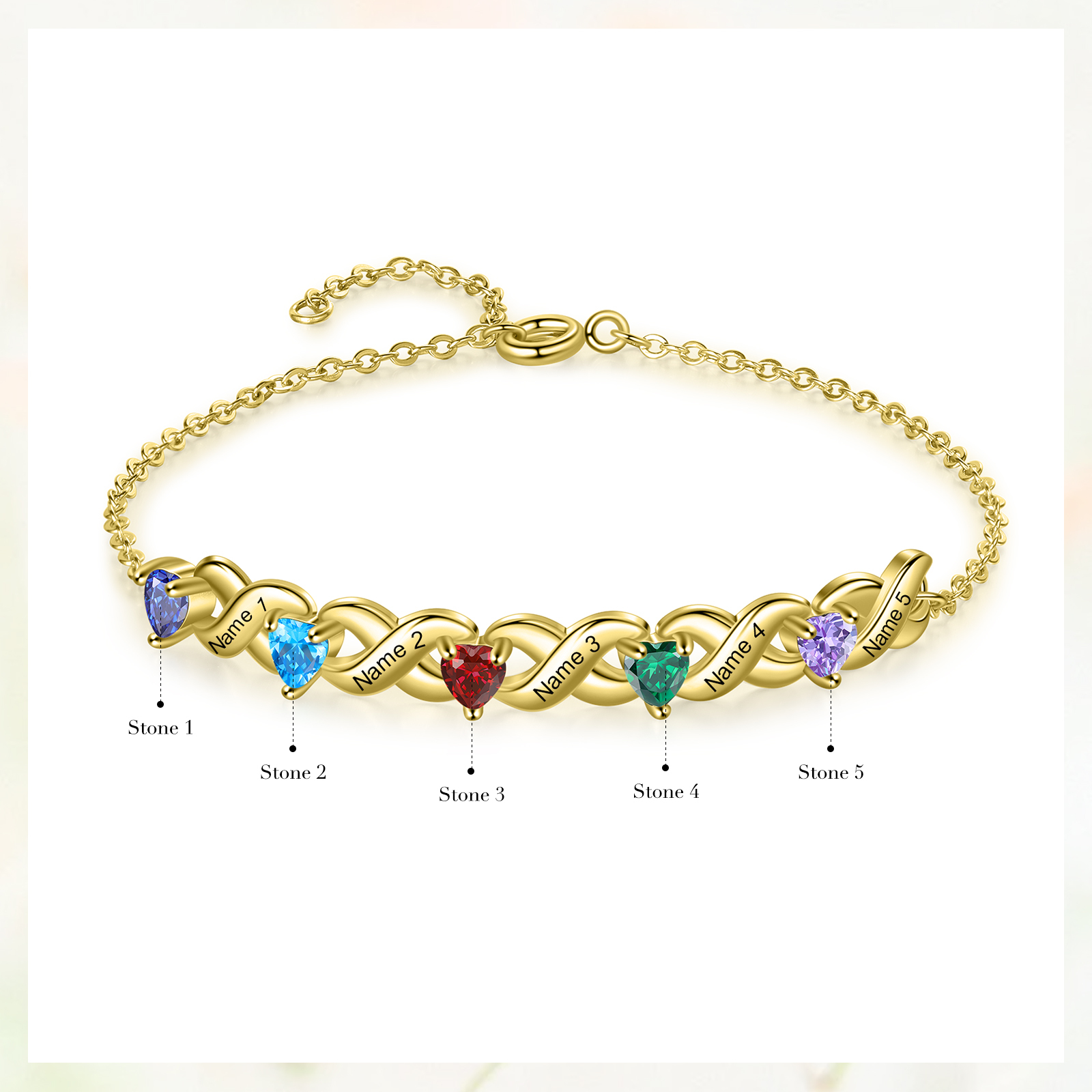 Personalised Bracelet With 5 Heart Birthstones Engraved Names Bracelet Gift For Women