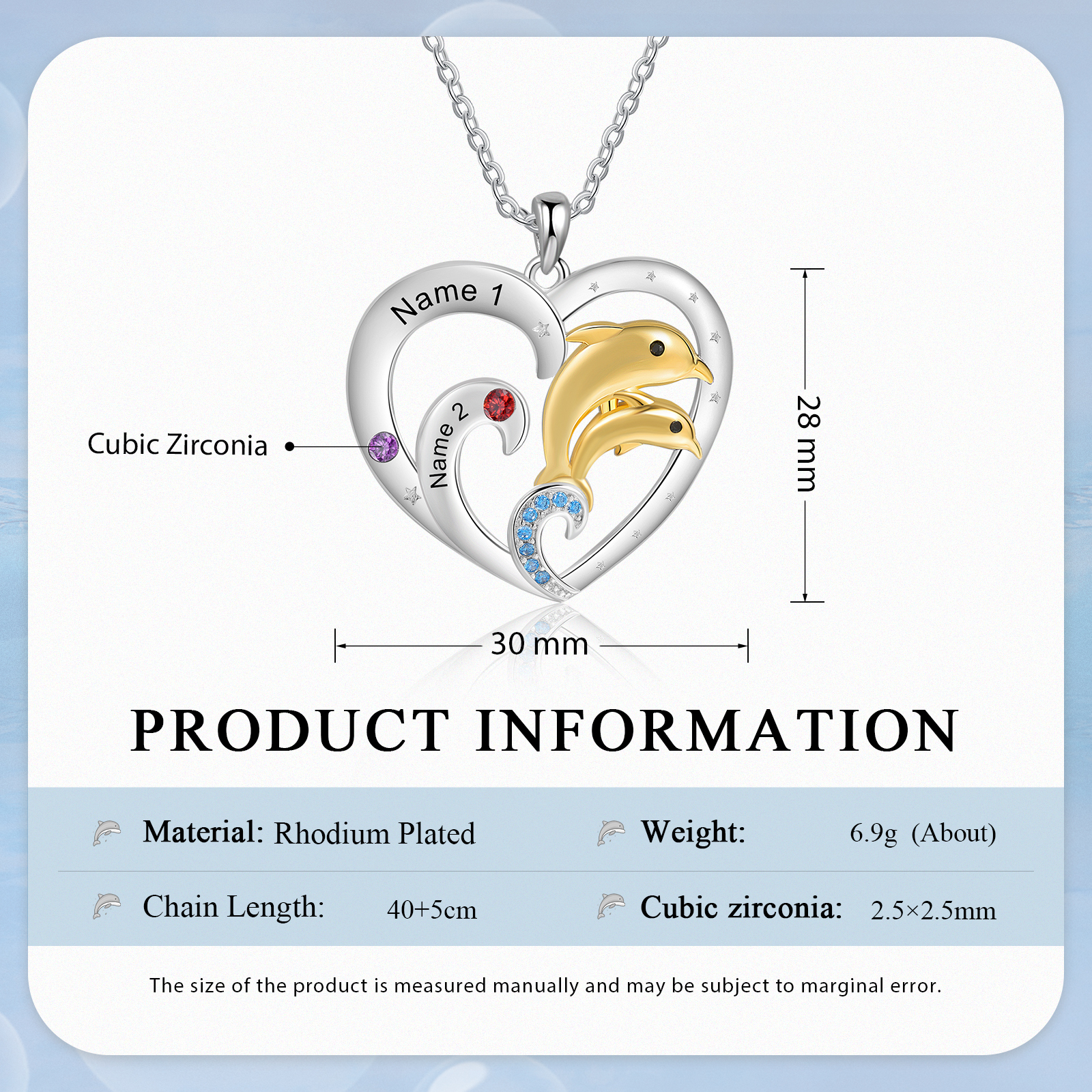 2 Names - Personalised Beautiful Dolphin Heart Necklace with Customized Name and Birthstone Gift for Her