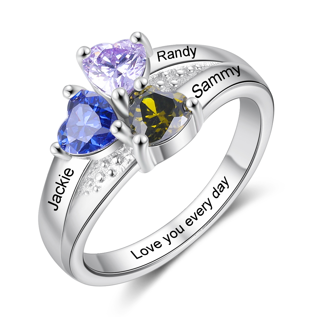 Personalised Heart Birthstone Ring with Engraving 3 Names and 3 Births