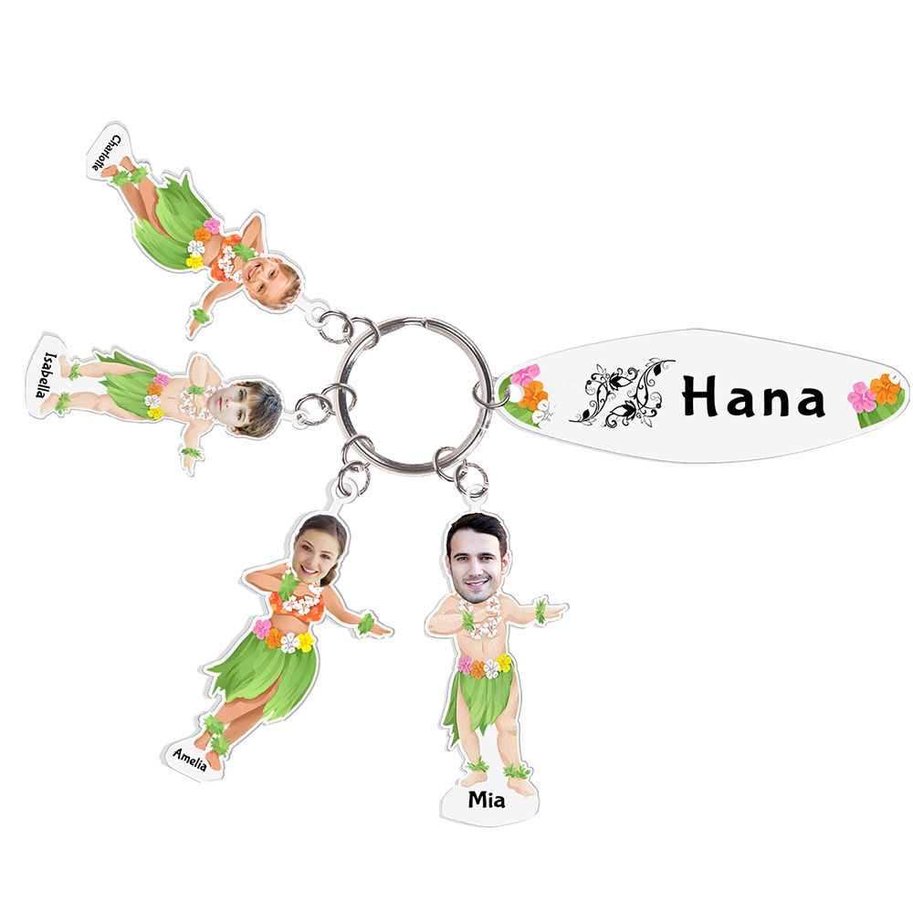 4 Names - Personalised Hawaiian Style Keyring With 4 Photo,4 Name and Text, Gift For Family