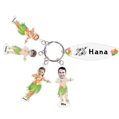 4 Names - Personalised Hawaiian Style Keyring With 4 Photo,4 Name and Text, Gift For Family
