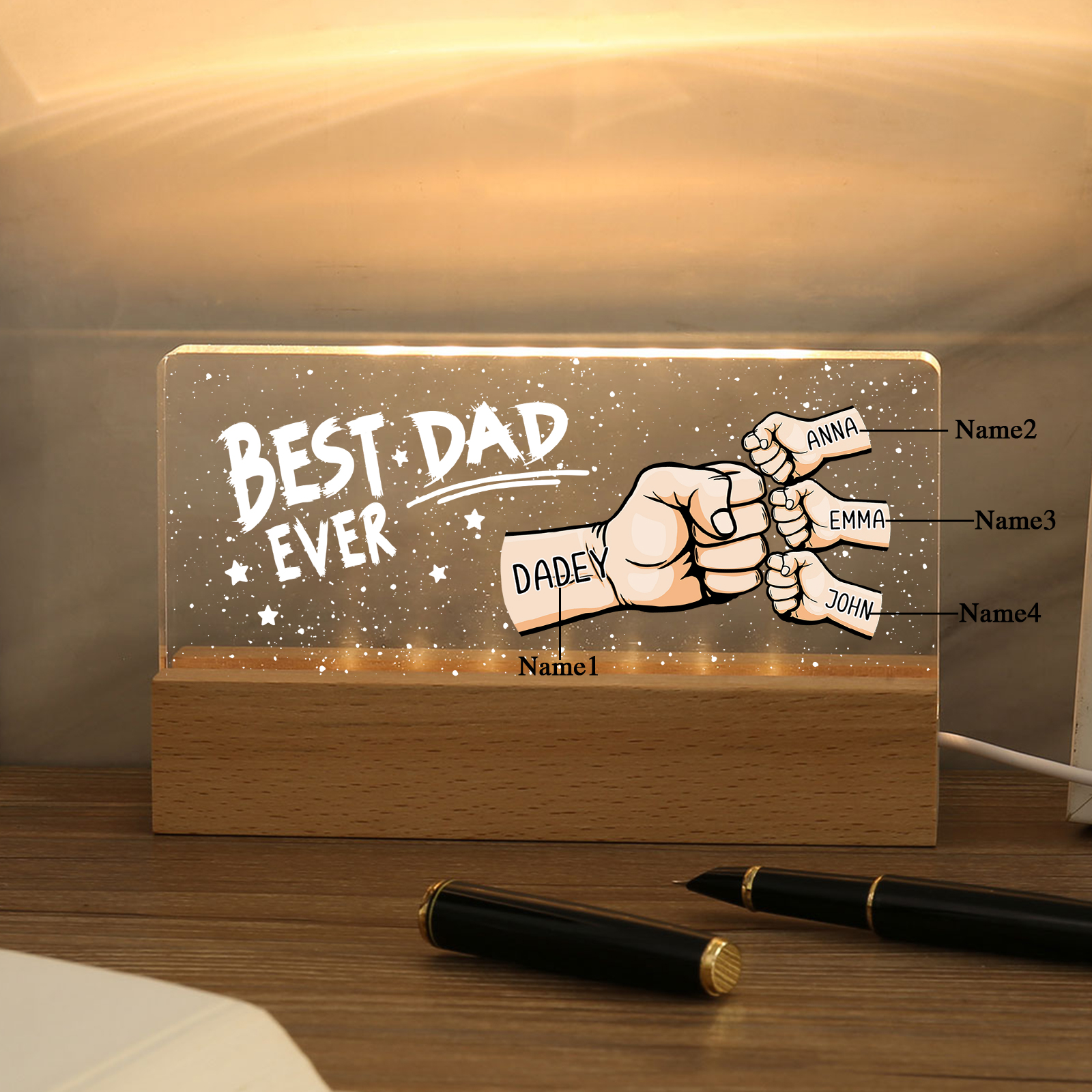 4 Names - Personalised Fist Bump Lamp - Best Dad Ever - Father's Day Gift for Dad