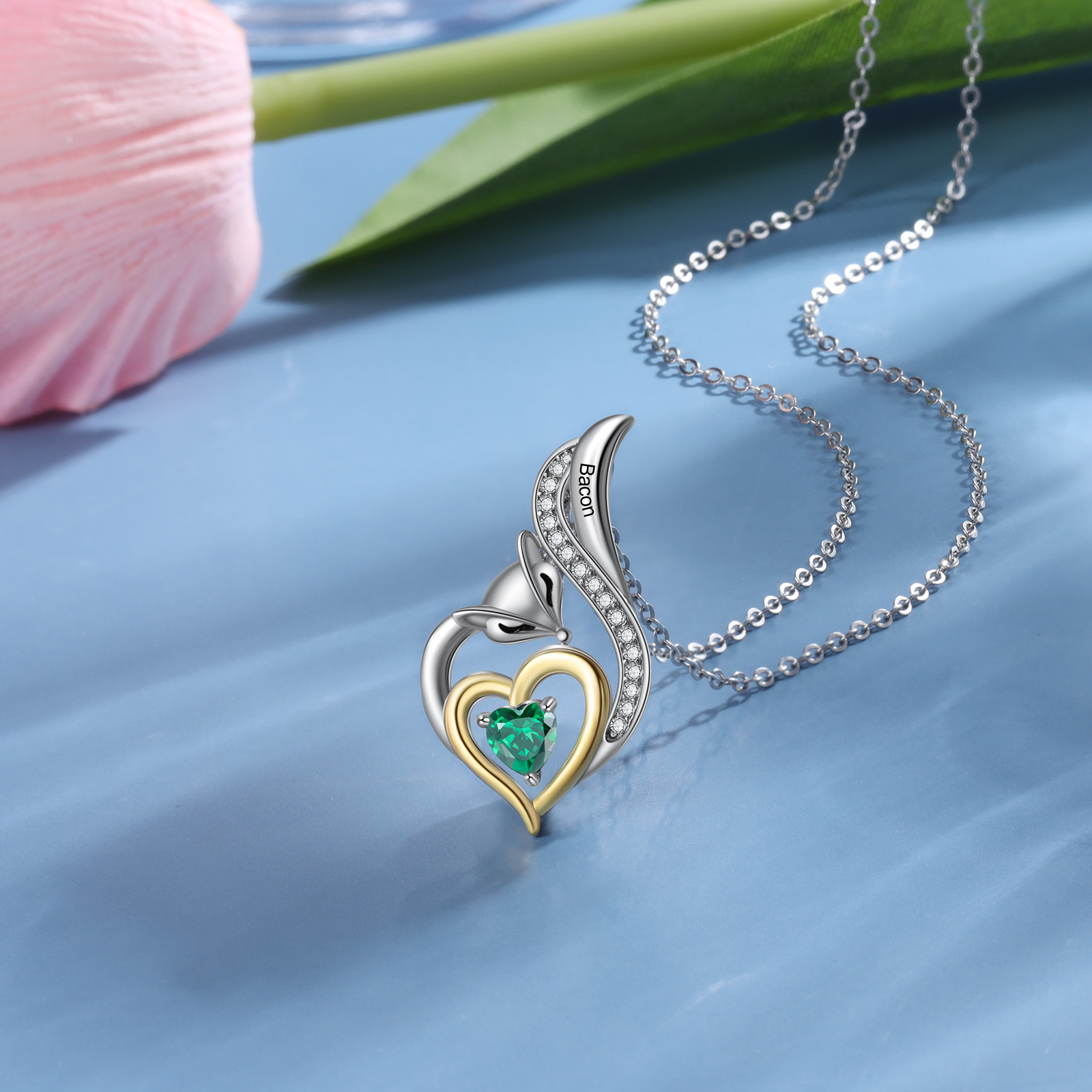 Personalised Heart Fox Necklace with Birthstone Engraved Name Gifts for Her