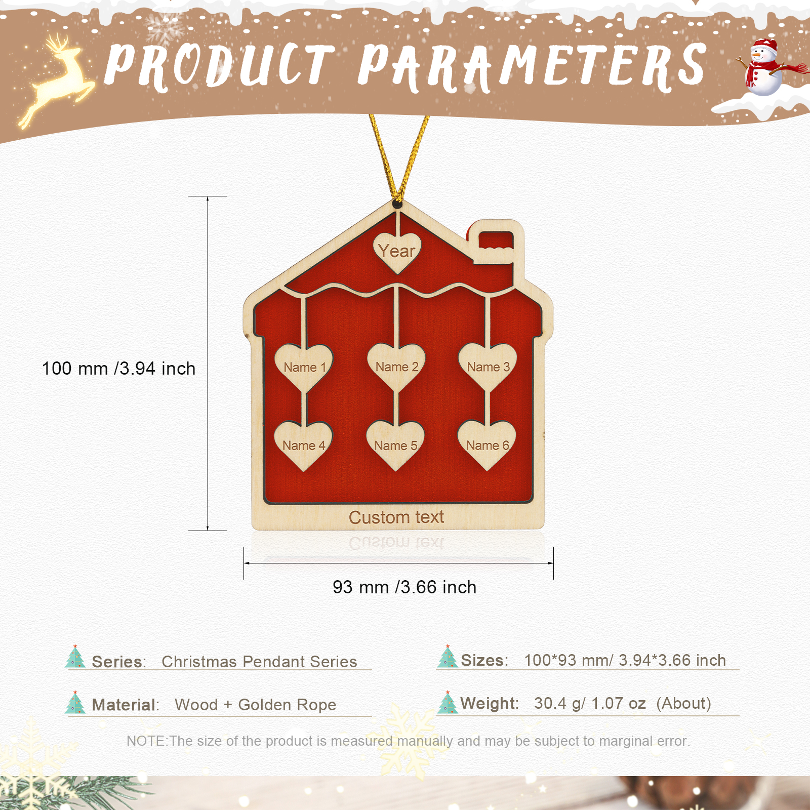 6 Names-Personalised Family Wooden Christmas Xmas Tree Decoration Ornament-Custom 6 Names And Year Hanging Ornament Gifts For Family