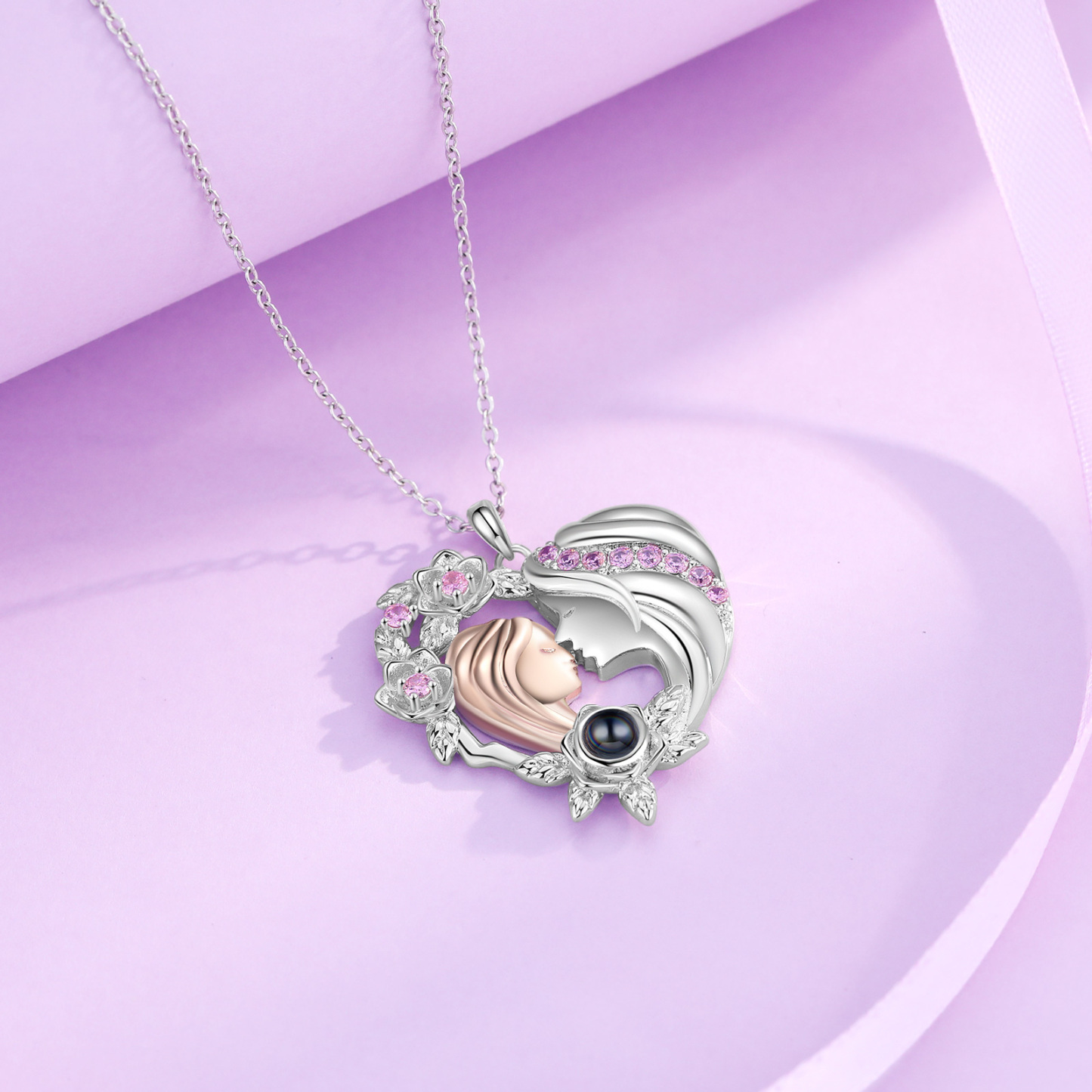Mother and Daughter Heart Projection Necklace Custom Photo Flower Pendant Necklace for Her