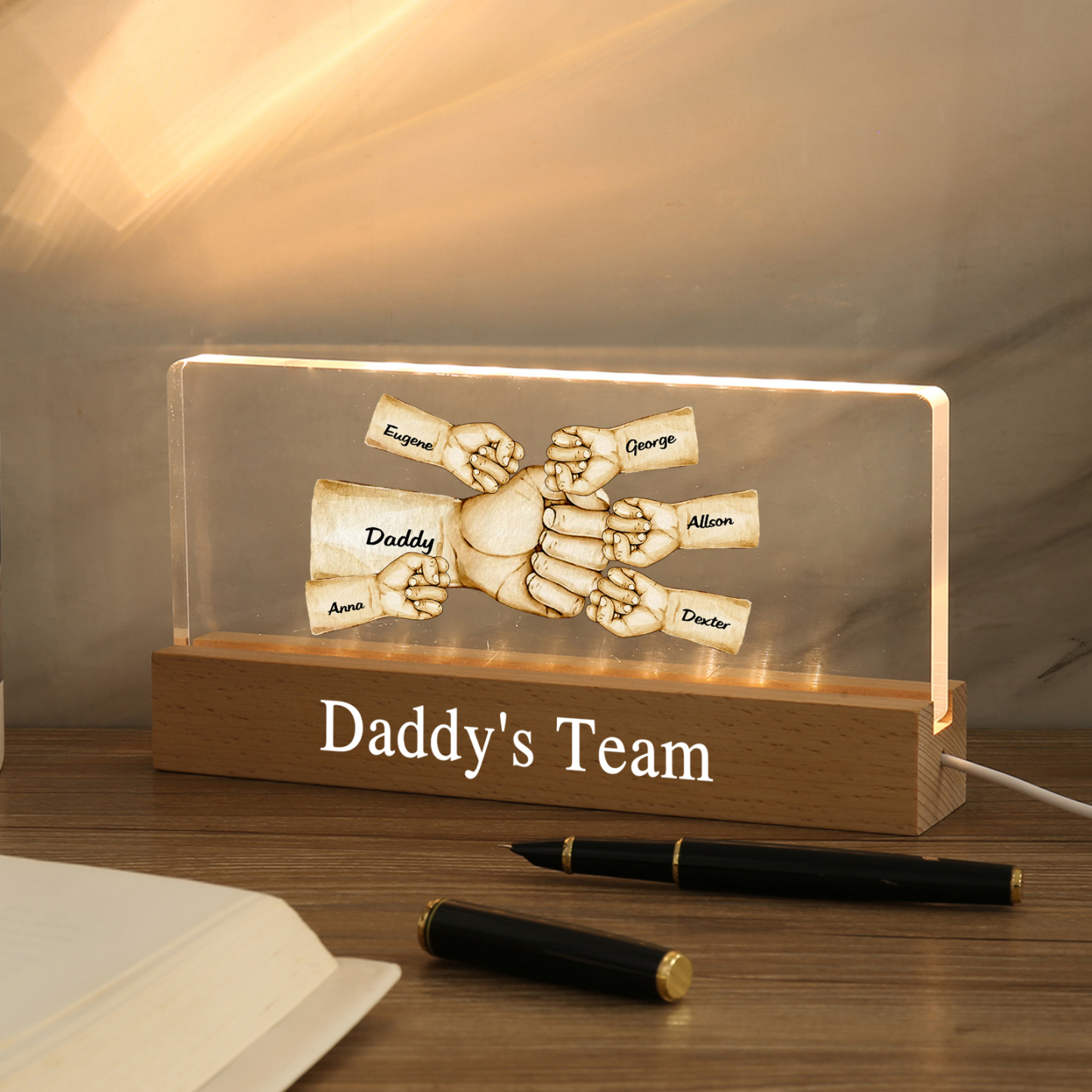 6 Names - Personalised Fist Bump Pattern Table Lamp Customized Text Father's Day Gift for Dad