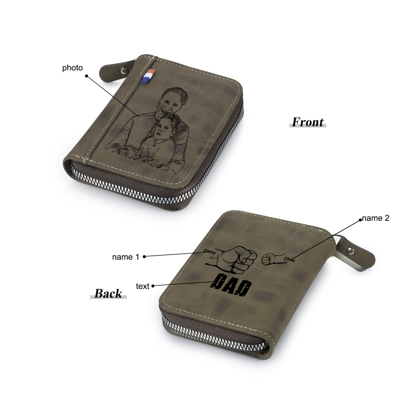 2 Names - Personalised Fist Bump Fist Bump Photo Custom Leather Men's Zipper Wallet as a Father's Day Gift for Dad