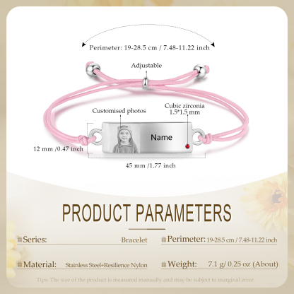 Personalized Custom Photo & Name & Birthstone Elastic Rope Stainless Steel Bracelet Adjustable Back To School Gift For Children