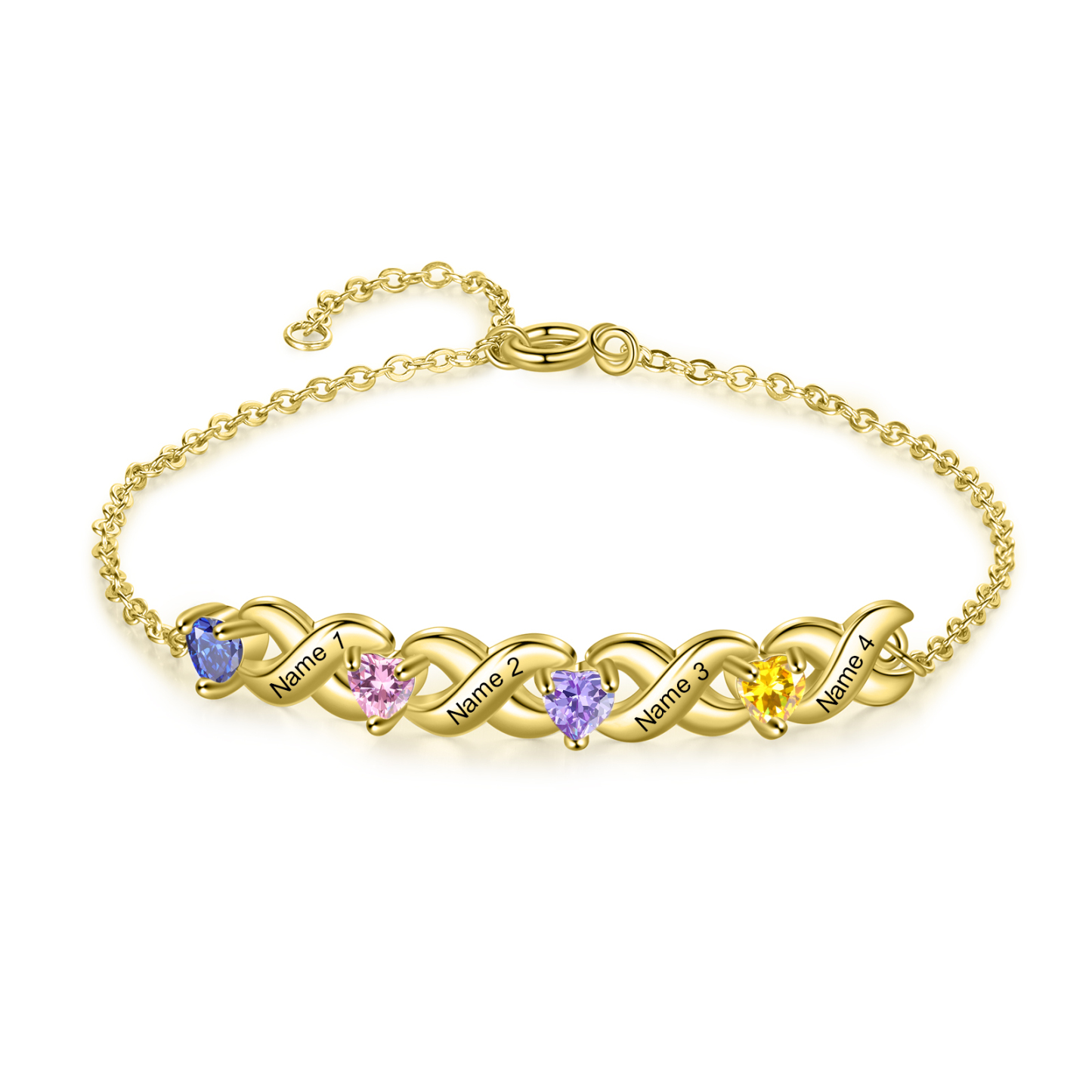 Personalised Bracelet With 4 Heart Birthstones Engraved Names Bracelet Gift For Women