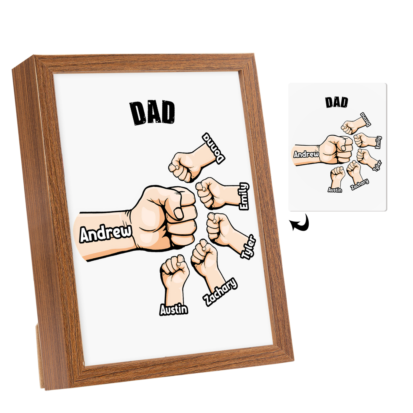 6 Names-Personalised Fist Dad LED Light Wooden Photo Frame -Custom Text & Names, Adjustable 3 Colors