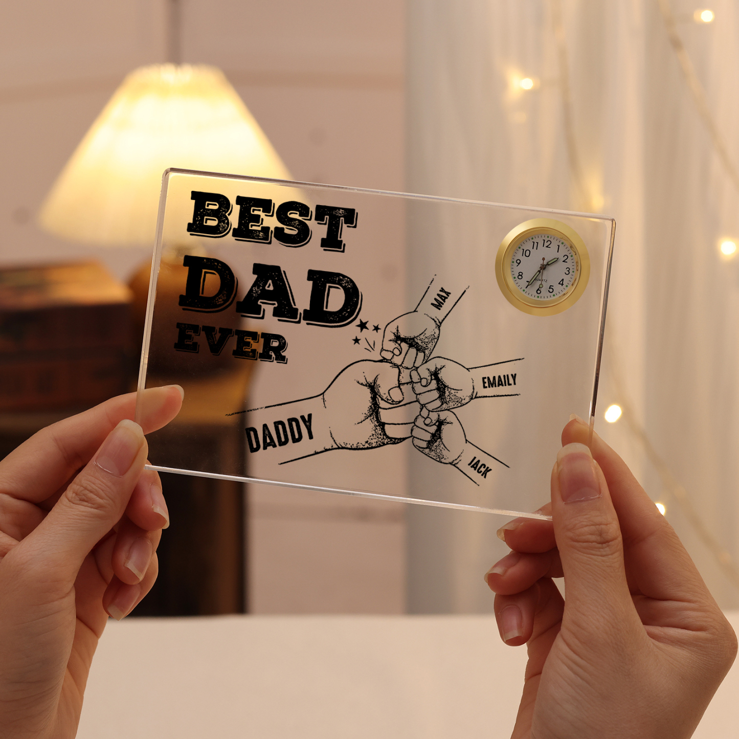 4 Names - Personalised Fist Bump Pattern Custom Name Acrylic Rectangular Clock Ornament Father's Day Gift