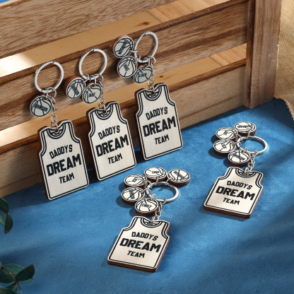 Personalised Text and 4 Names Wooden Basketball Keyring For Dad