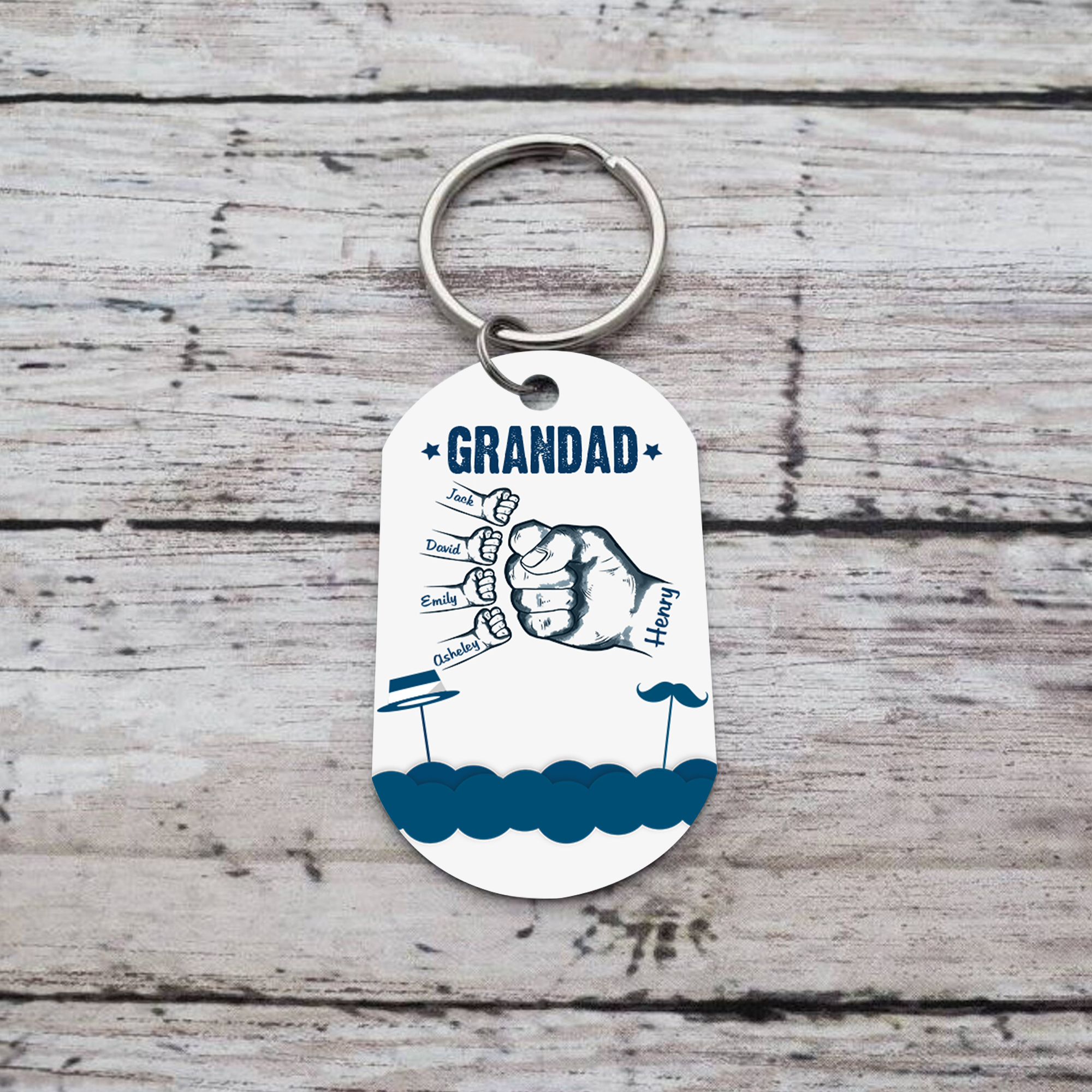 5 Names - Personalised Custom Fist Bump Keyring Hat and Beard Style Keyring Gift for Dad