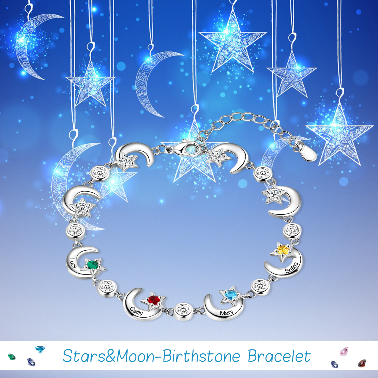 4 Names-Personalised Moons And Stars Bracelet With 4 Birthstones Custom Names Bracelet Gift For Women