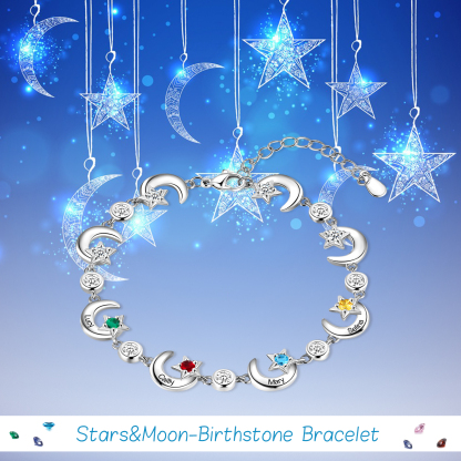 4 Names-Personalised Moons And Stars Bracelet With 4 Birthstones Custom Names Bracelet Gift For Women