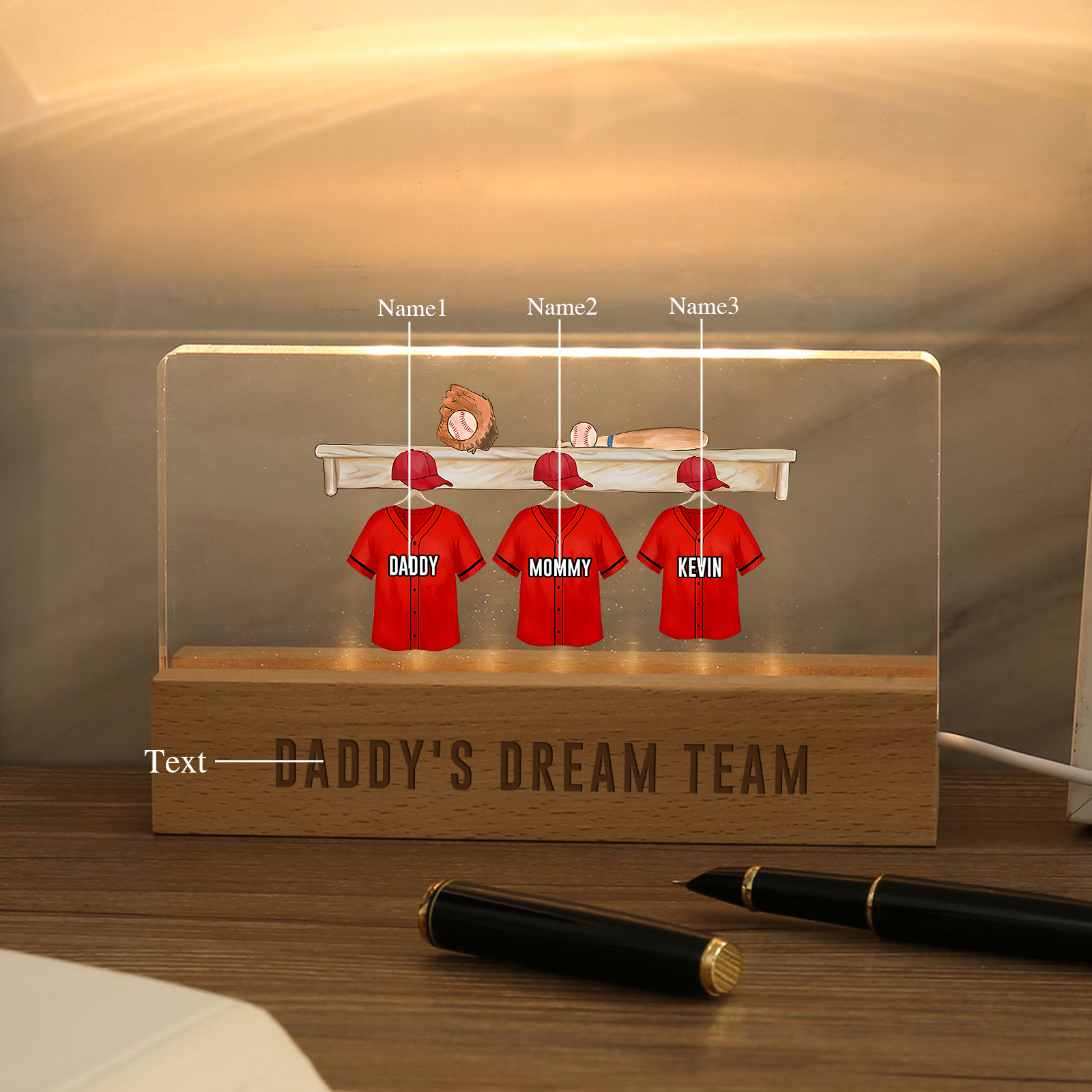 3 Names - Personalised Baseball Jersey Desk Lamp - Dad's Dream Team - Father's Day Gift for Dad