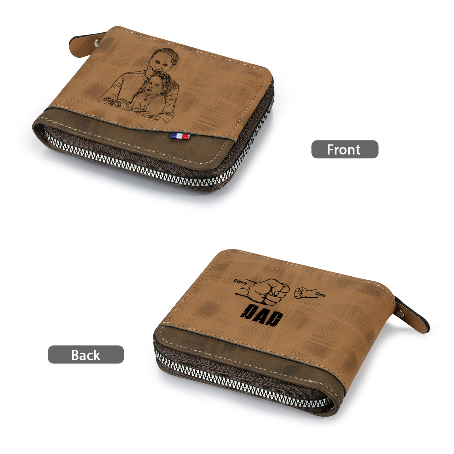 2 Names - Personalised Photo Custom Leather Men's Zipper Wallet as a Father's Day Gift for Dad