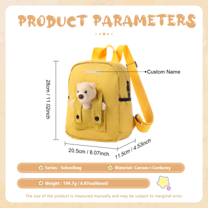 Personalised Bear School Bag Custom Name Canvas Backpack Back To School Gift for Kids