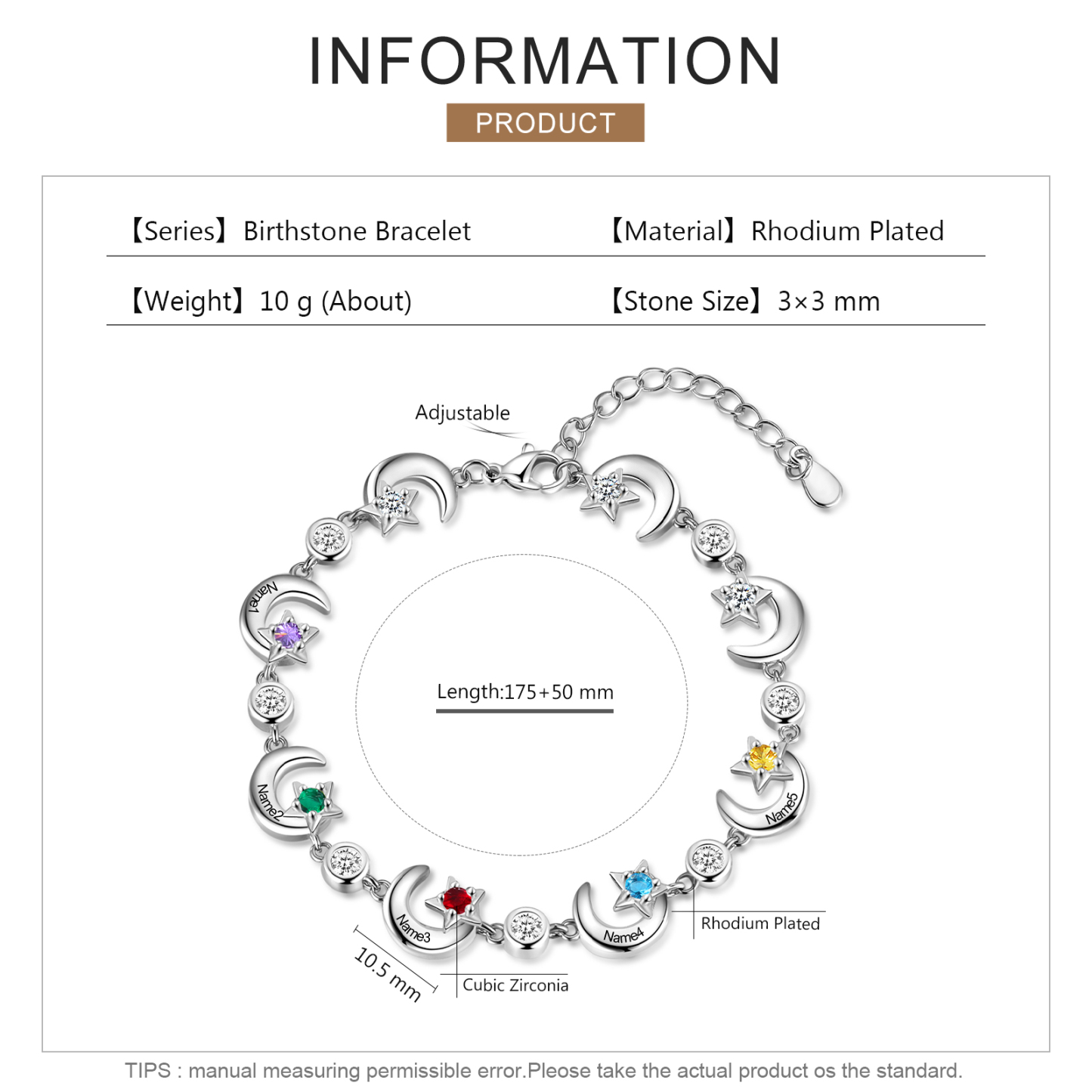 5 Names-Personalised Moons And Stars Bracelet With 5 Birthstones Custom Names Bracelet Gift For Women